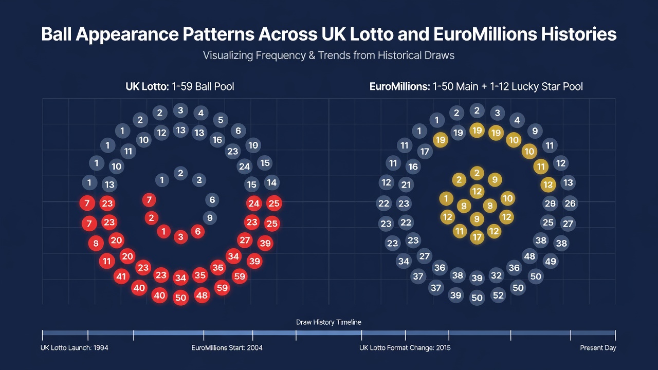 Visual comparison of ball frequency data between UK Lotto and EuroMillions historical results