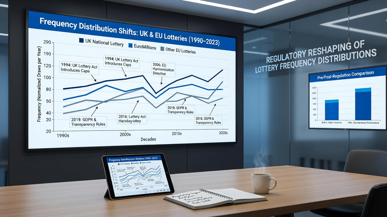 Comparative graphs of number frequency distributions before and after regulatory matrix changes in UK Lotto and EuroMillions